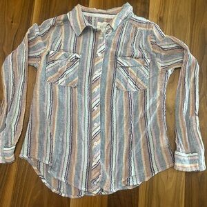 FREE PEOPLE We The Free Pink and Green Button Down Shirt Casual Beach Style